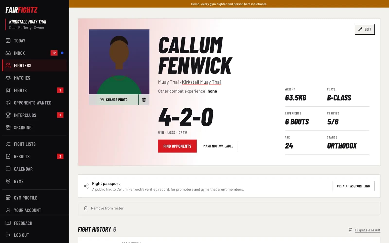 FairFightz screen. A fighter's page: record, class check and every bout with its source.