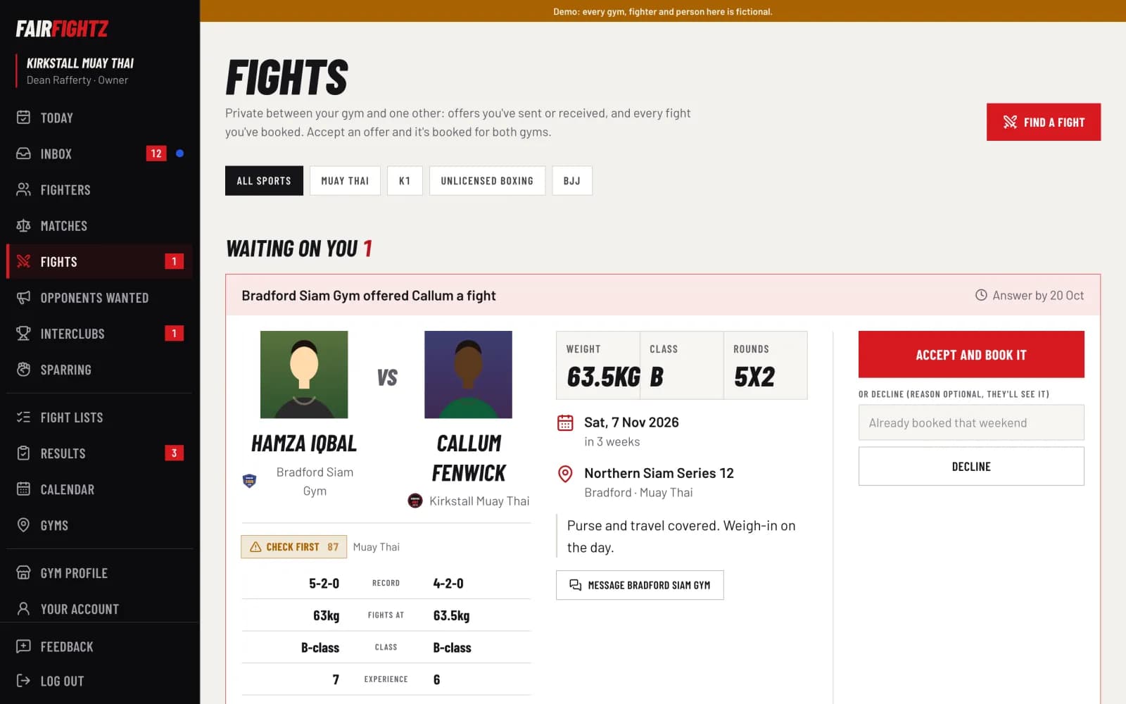 FairFightz screen. Fights: offers sent and received.