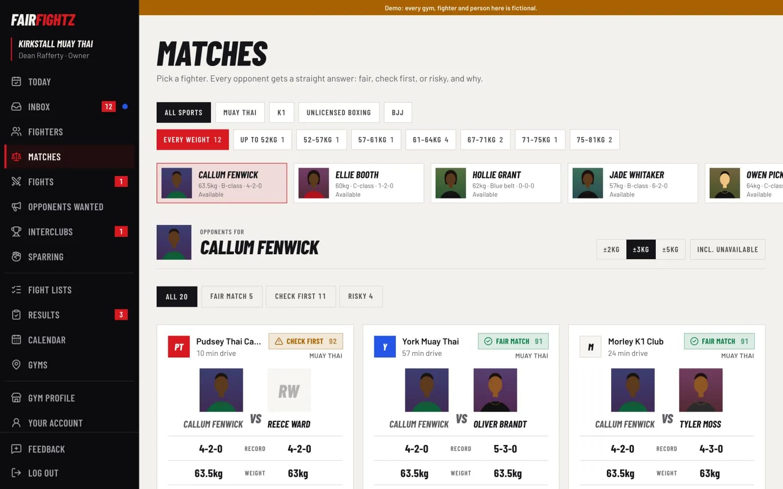 FairFightz screen. Matches: fair, check first or risky, and why.
