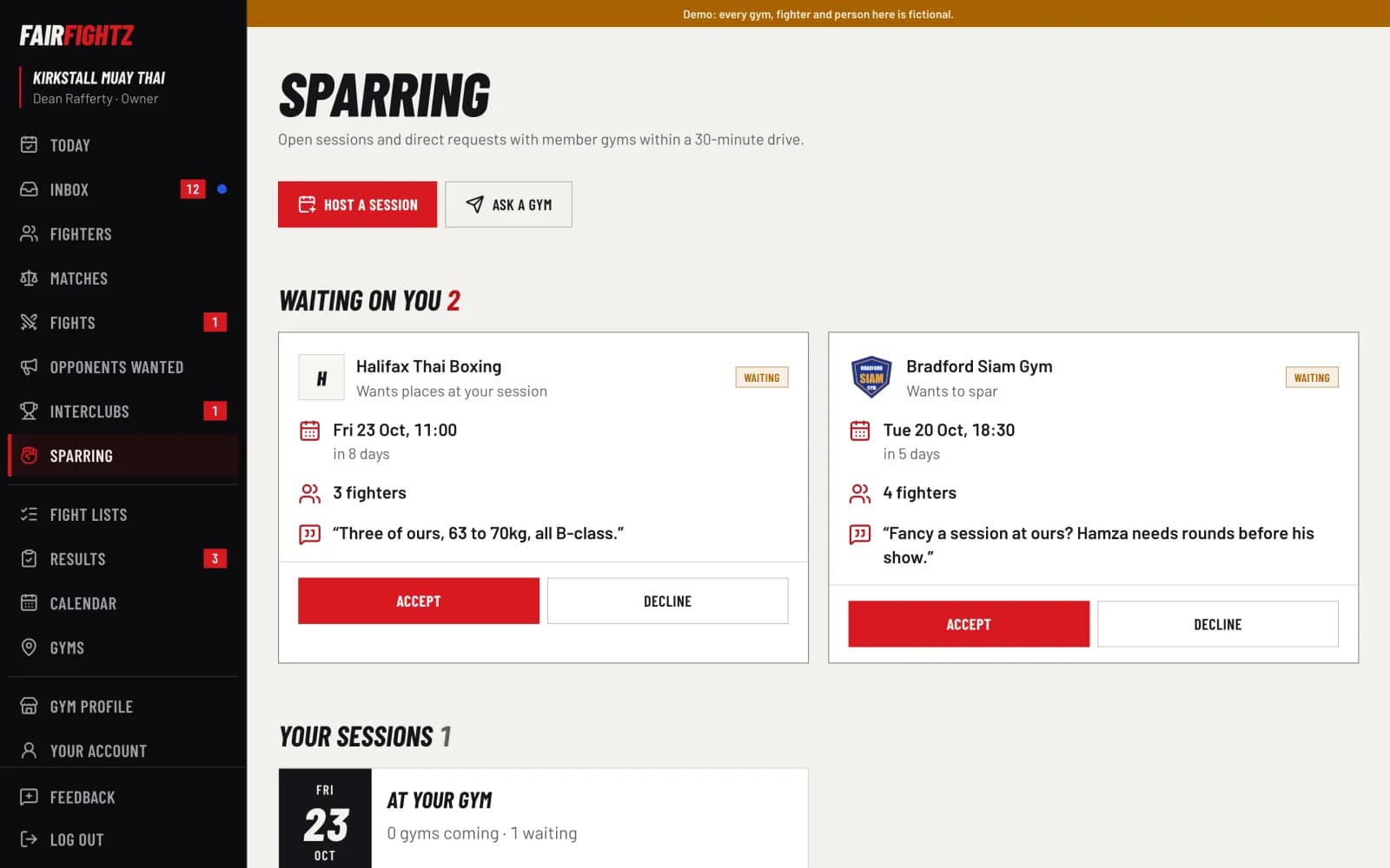 FairFightz screen. Sparring: open sessions and requests from gyms nearby.