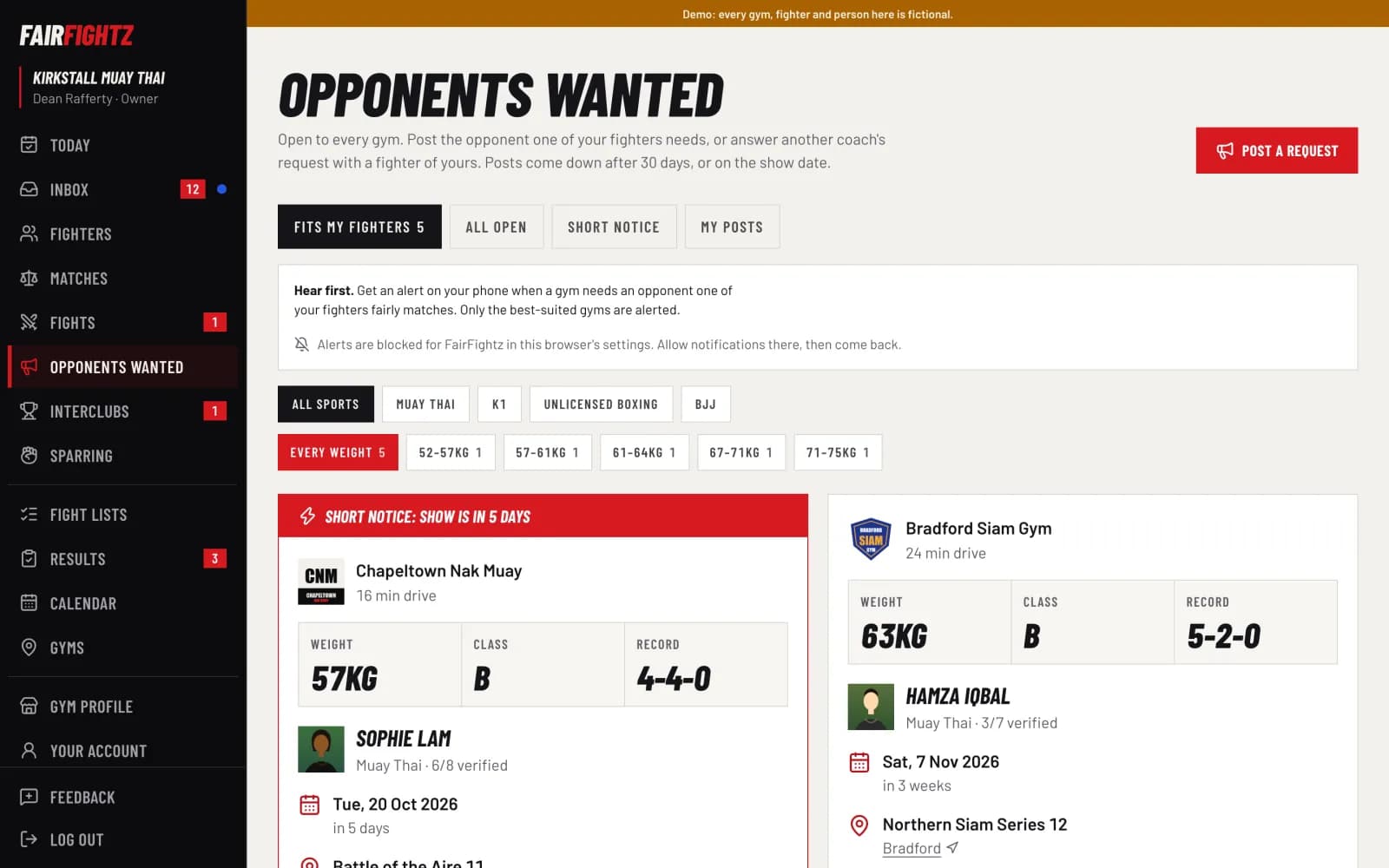FairFightz screen. Opponents wanted: the board for gyms that need someone.