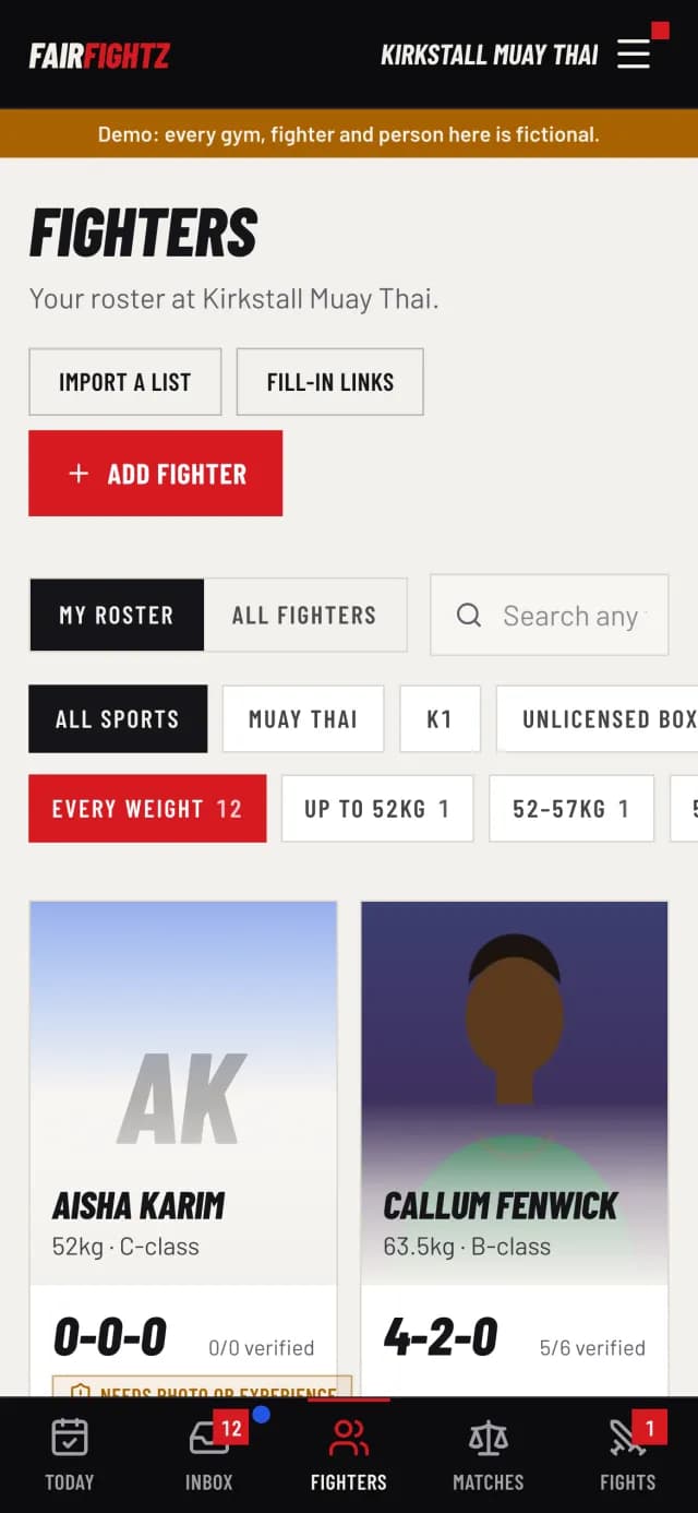 FairFightz on a phone. Fighters: the whole roster, records and fight-readiness.