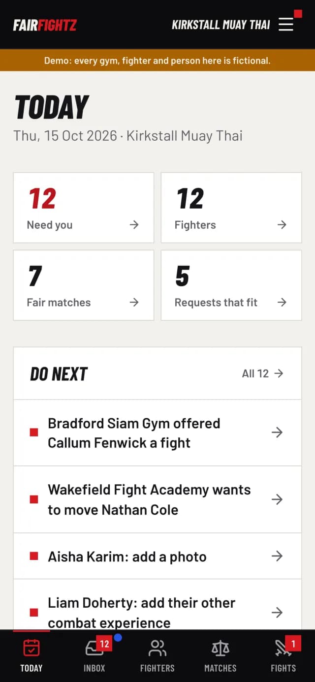 FairFightz on a phone. Today: what needs you, and what's coming up.